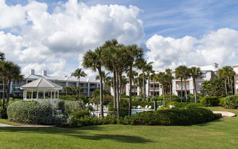 Closer view of gazebo and palm trees