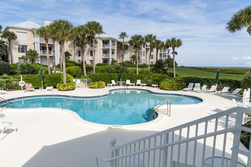 Pool view with palm trees in background